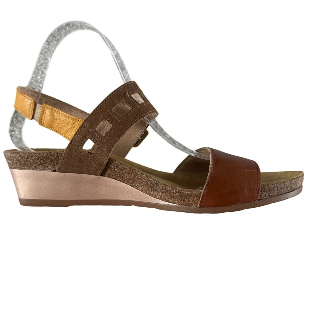 Naot Dynasty Wedge Sandal Brown Leather Gold EU 41 US 10 Comfort Minimalist $170